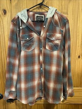 BKE Men's Plaid Button-Down Shirt with Gray Hood - Rust, Teal, Cream